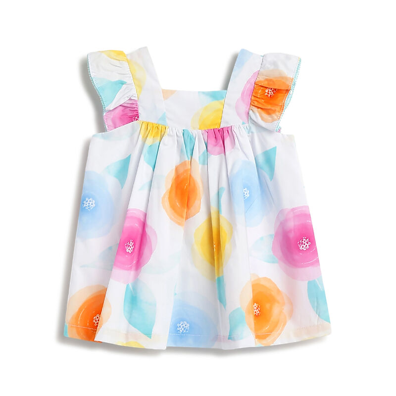 Girls White and Yellow Printed Short Sleeve Dress image number 1